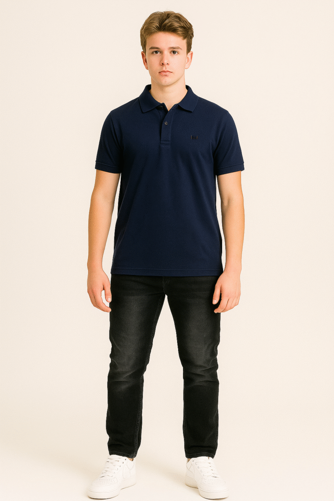 Young Model in Navy Polo Outfit x