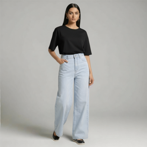 Light Ice Blue Wide-Leg Denim Pants